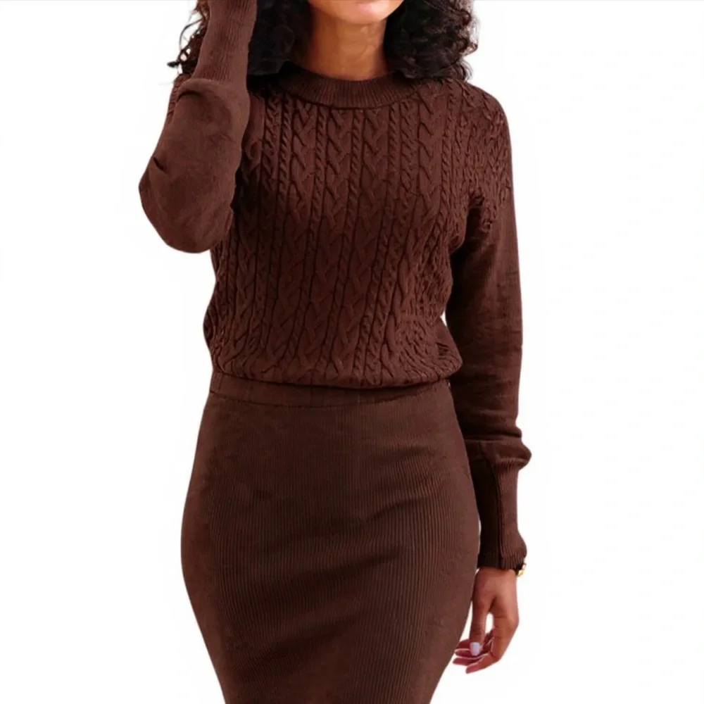 Lascana Womens Cable Knit Sweater Dress Brown
